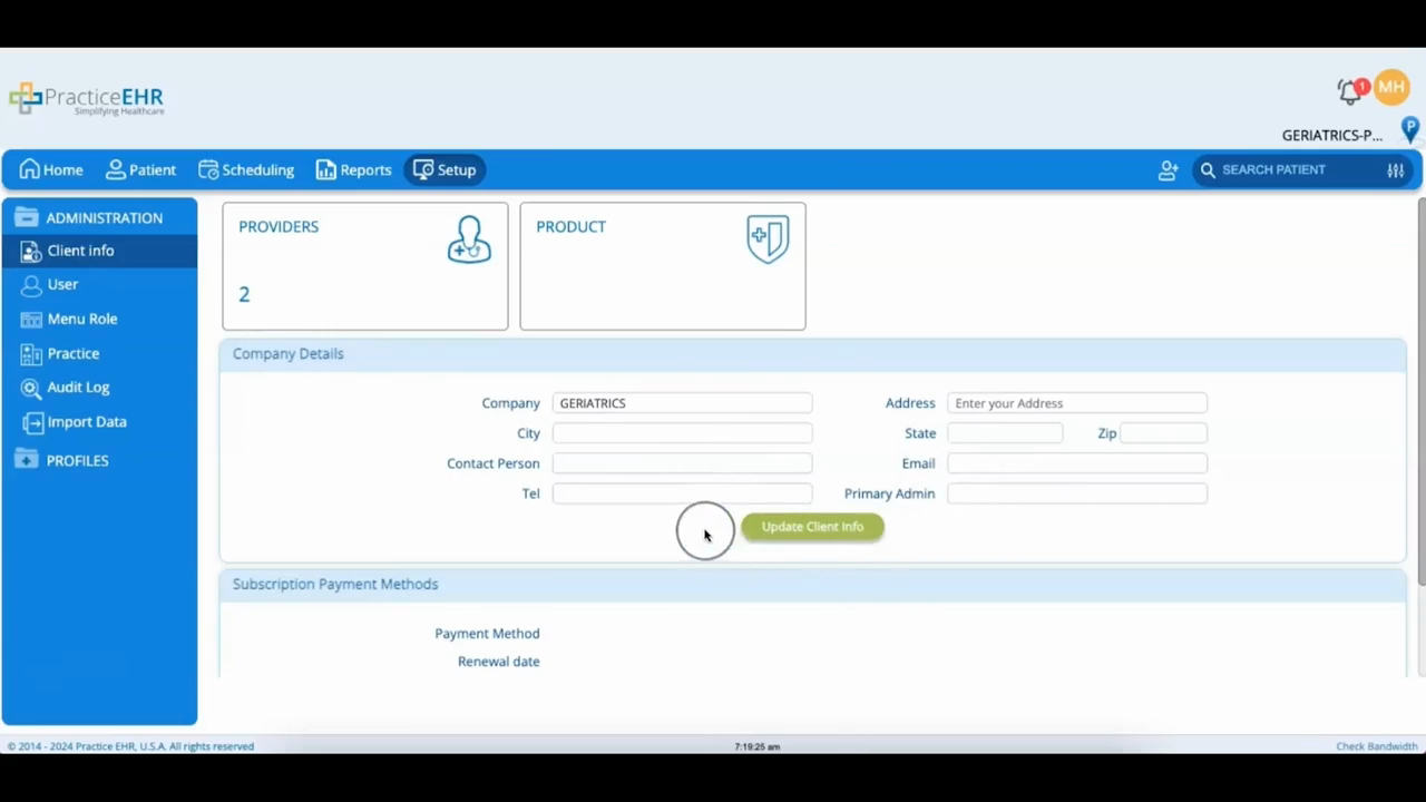 Setup - Client Info & User